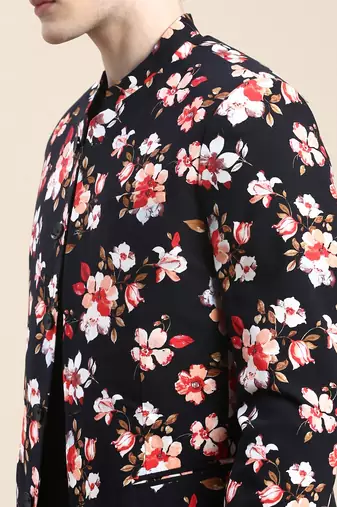 Men's Mandarin Collar Printed Black Bandhgala Blazer