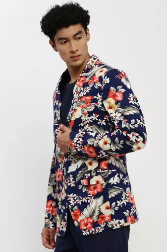 Men's Notched Lapel Navy Blue Single-Breasted Slim Fit Blazer
