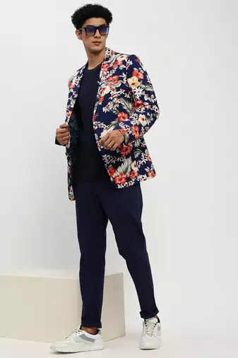 Men's Notched Lapel Navy Blue Single-Breasted Slim Fit Blazer