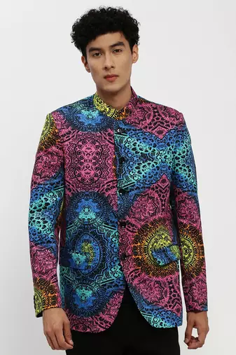 Men's Mandarin Collar Multicolor Bandhgala Slim Fit Blazer