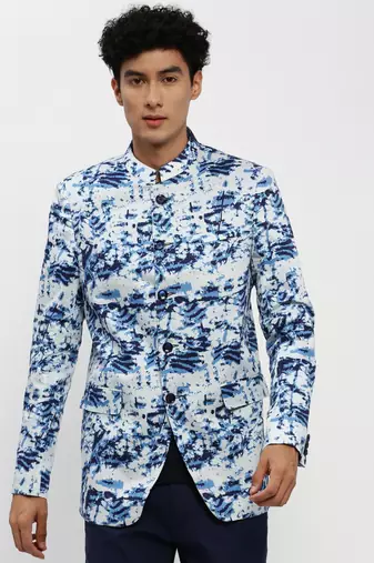 men's mandarin collar blue bandhgala slim fit blazer