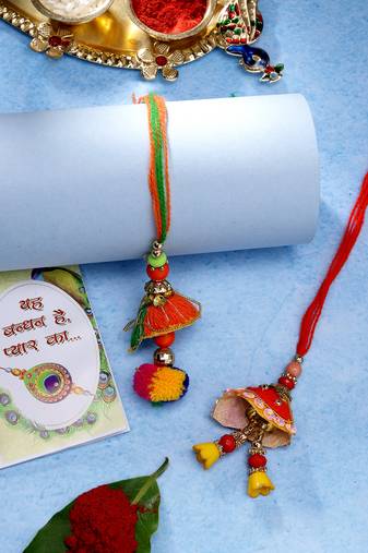  women set of 2 red beaded lumba rakhi with roli chawal