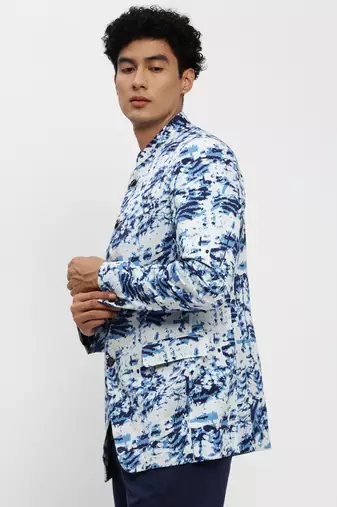 men's mandarin collar blue bandhgala slim fit blazer