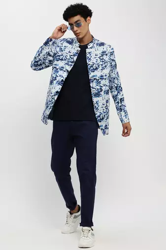 men's mandarin collar blue bandhgala slim fit blazer