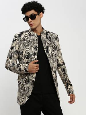 SHOWOFF Men's Mandarin Collar Beige Bandhgala Slim Fit Blazer 1