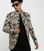 SHOWOFF Men's Mandarin Collar Beige Bandhgala Slim Fit Blazer