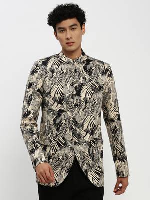 SHOWOFF Men's Mandarin Collar Beige Bandhgala Slim Fit Blazer 2