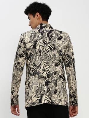 SHOWOFF Men's Mandarin Collar Beige Bandhgala Slim Fit Blazer 4