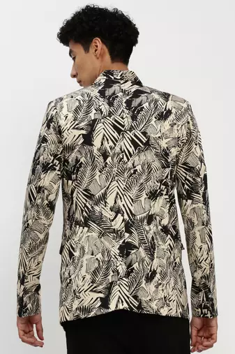 SHOWOFF Men's Mandarin Collar Beige Bandhgala Slim Fit Blazer