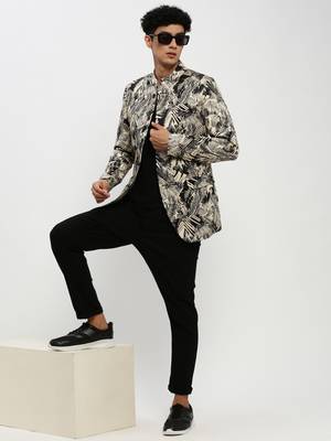 SHOWOFF Men's Mandarin Collar Beige Bandhgala Slim Fit Blazer 5