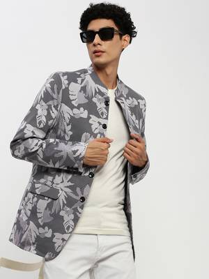Men's Mandarin Collar Grey Bandhgala Slim Fit Blazer 1