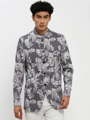 Men's Mandarin Collar Grey Bandhgala Slim Fit Blazer 2