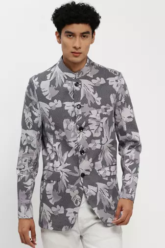 Men's Mandarin Collar Grey Bandhgala Slim Fit Blazer