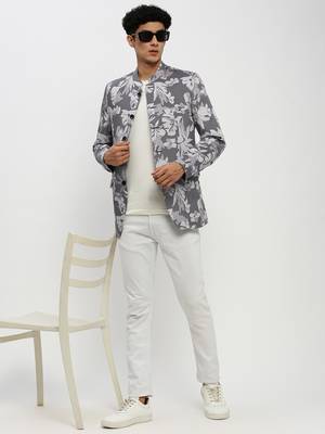 Men's Mandarin Collar Grey Bandhgala Slim Fit Blazer 5