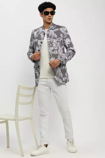 Men's Mandarin Collar Grey Bandhgala Slim Fit Blazer
