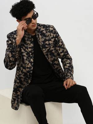 SHOWOFF Men's Mandarin Collar Black Bandhgala Slim Fit Blazer 1