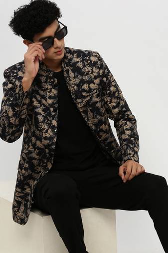 SHOWOFF Men's Mandarin Collar Black Bandhgala Slim Fit Blazer