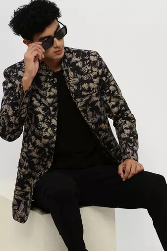 SHOWOFF Men's Mandarin Collar Black Bandhgala Slim Fit Blazer