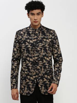 SHOWOFF Men's Mandarin Collar Black Bandhgala Slim Fit Blazer 2