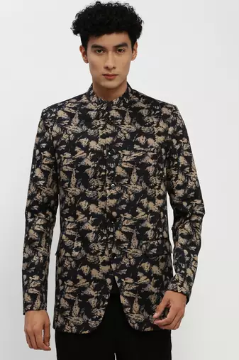 SHOWOFF Men's Mandarin Collar Black Bandhgala Slim Fit Blazer