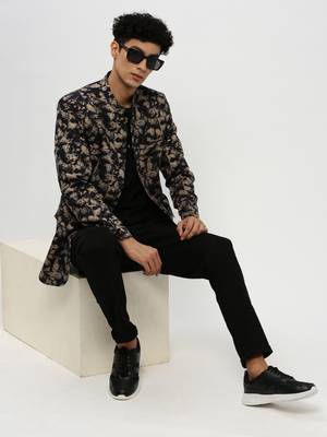 SHOWOFF Men's Mandarin Collar Black Bandhgala Slim Fit Blazer 5