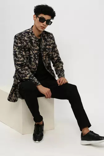 SHOWOFF Men's Mandarin Collar Black Bandhgala Slim Fit Blazer