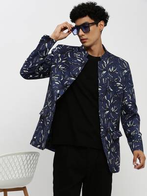 Men's Mandarin Collar Navy Blue Bandhgala Slim Fit Blazer 1