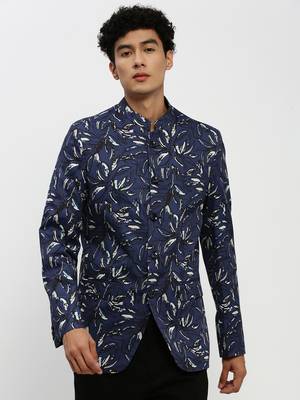 Men's Mandarin Collar Navy Blue Bandhgala Slim Fit Blazer 2