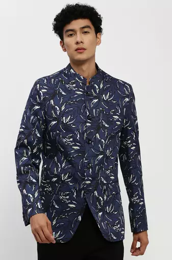 Men's Mandarin Collar Navy Blue Bandhgala Slim Fit Blazer