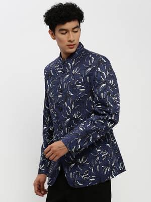 Men's Mandarin Collar Navy Blue Bandhgala Slim Fit Blazer 3