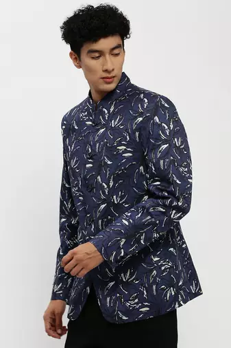 Men's Mandarin Collar Navy Blue Bandhgala Slim Fit Blazer