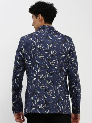 Men's Mandarin Collar Navy Blue Bandhgala Slim Fit Blazer 4
