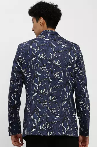 Men's Mandarin Collar Navy Blue Bandhgala Slim Fit Blazer