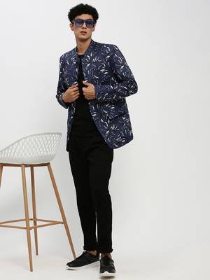 Men's Mandarin Collar Navy Blue Bandhgala Slim Fit Blazer 5