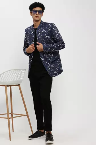 Men's Mandarin Collar Navy Blue Bandhgala Slim Fit Blazer