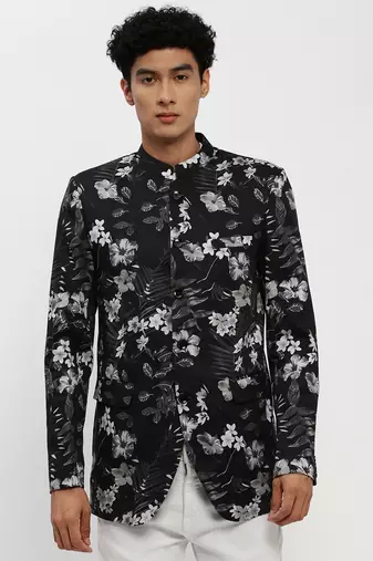 Men's Mandarin Collar Black Bandhgala Slim Fit Blazer