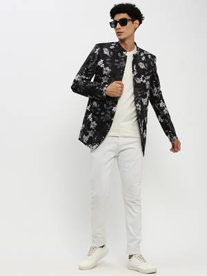 Men's Mandarin Collar Black Bandhgala Slim Fit Blazer 5