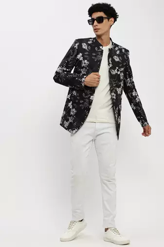 Men's Mandarin Collar Black Bandhgala Slim Fit Blazer