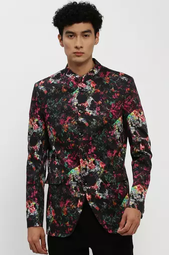 Men's Mandarin Collar Black Bandhgala Slim Fit Blazer