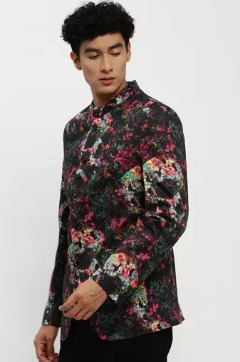 Men's Mandarin Collar Black Bandhgala Slim Fit Blazer
