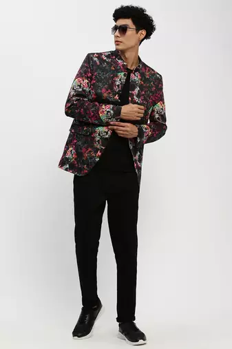 Men's Mandarin Collar Black Bandhgala Slim Fit Blazer