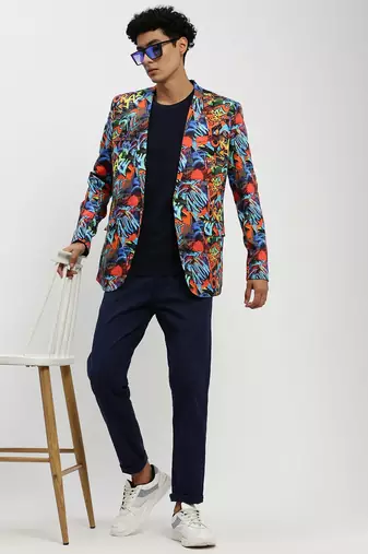 Men's Notched Lapel Orange Single-Breasted Slim Fit Blazer