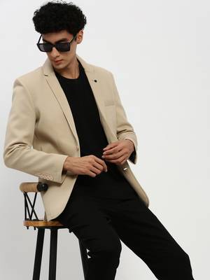 Men's Notched Lapel Beige Single-Breasted Slim Fit Blazer 1