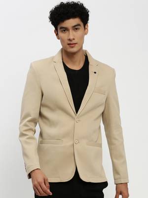 Men's Notched Lapel Beige Single-Breasted Slim Fit Blazer 2