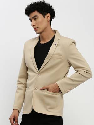 Men's Notched Lapel Beige Single-Breasted Slim Fit Blazer 3