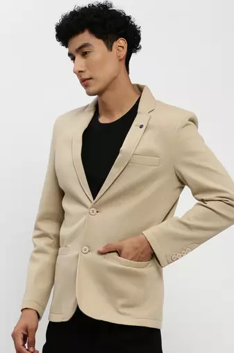 Men's Notched Lapel Beige Single-Breasted Slim Fit Blazer