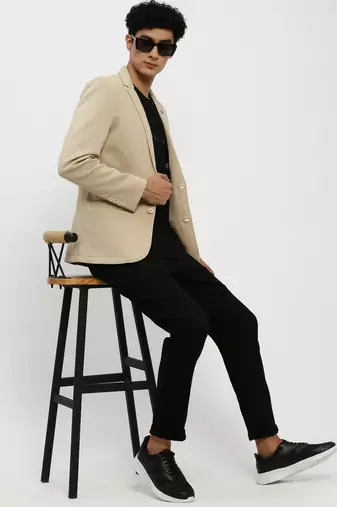 Men's Notched Lapel Beige Single-Breasted Slim Fit Blazer