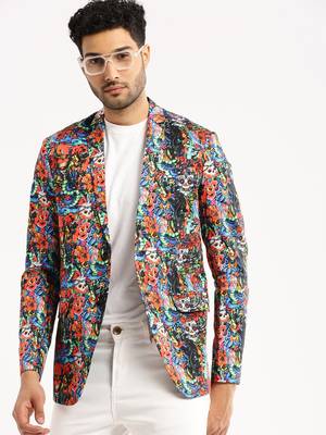 Men's Long Sleeves Printed Notched Lapel Multi Slim Fit Blazer 1