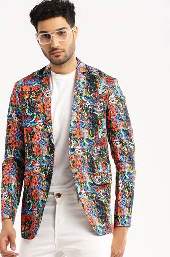 Men's Long Sleeves Printed Notched Lapel Multi Slim Fit Blazer
