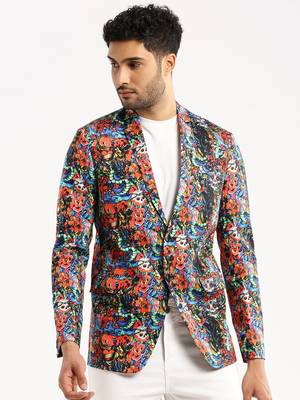 Men's Long Sleeves Printed Notched Lapel Multi Slim Fit Blazer 2